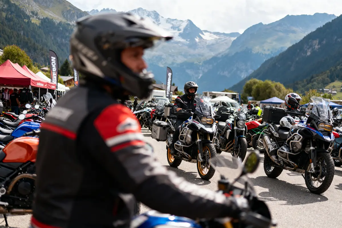 Motards sur motos réunis en montagne, stands et tentes en arrière-plan.