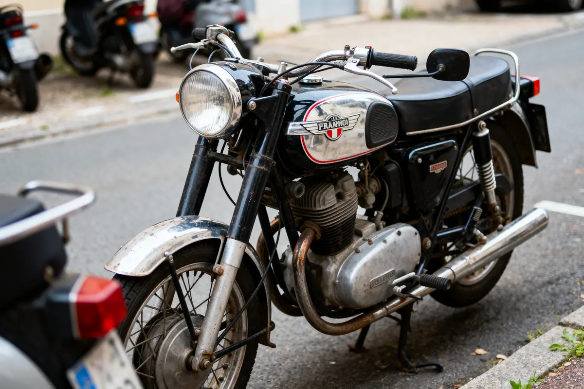 Moto vintage stationnée sur une rue, avec détails chromés et noir, modèle Pranovi, synonyme de style classique.