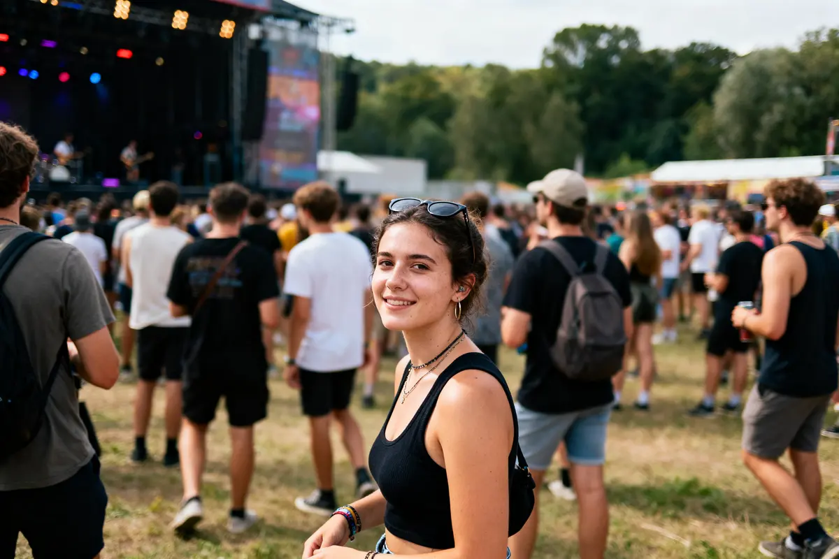 Personne souriante au milieu d'une foule lors d'un festival en plein air, scène en arrière-plan.