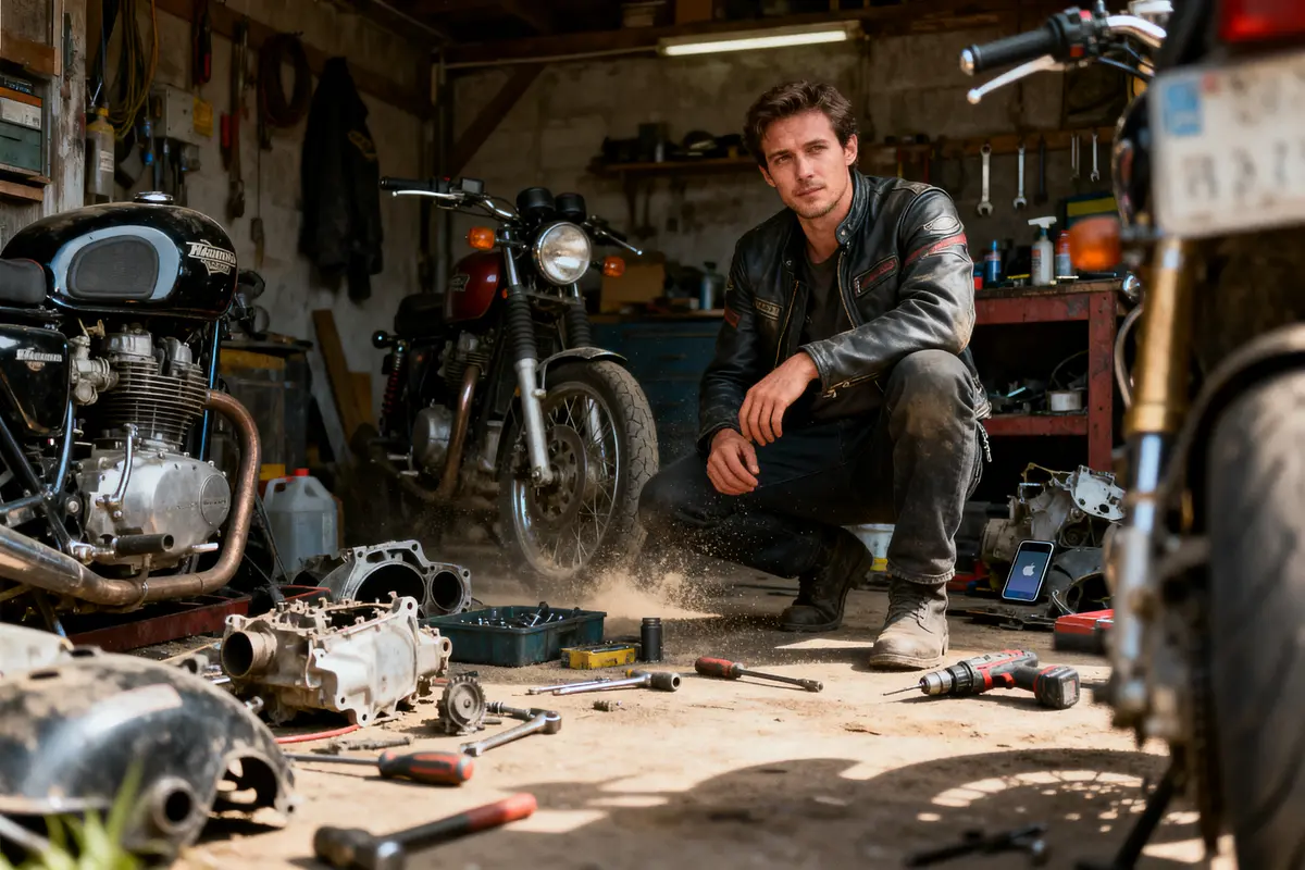 Homme dans un atelier de mécanique, entouré de motos et outils, portant blouson en cuir noir.