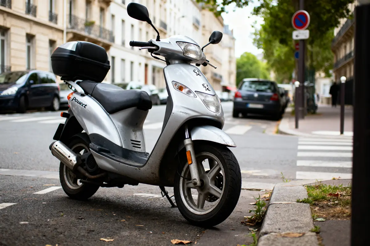 Scooter argenté stationné dans une rue urbaine, avec voitures en arrière-plan et arbres environnants.