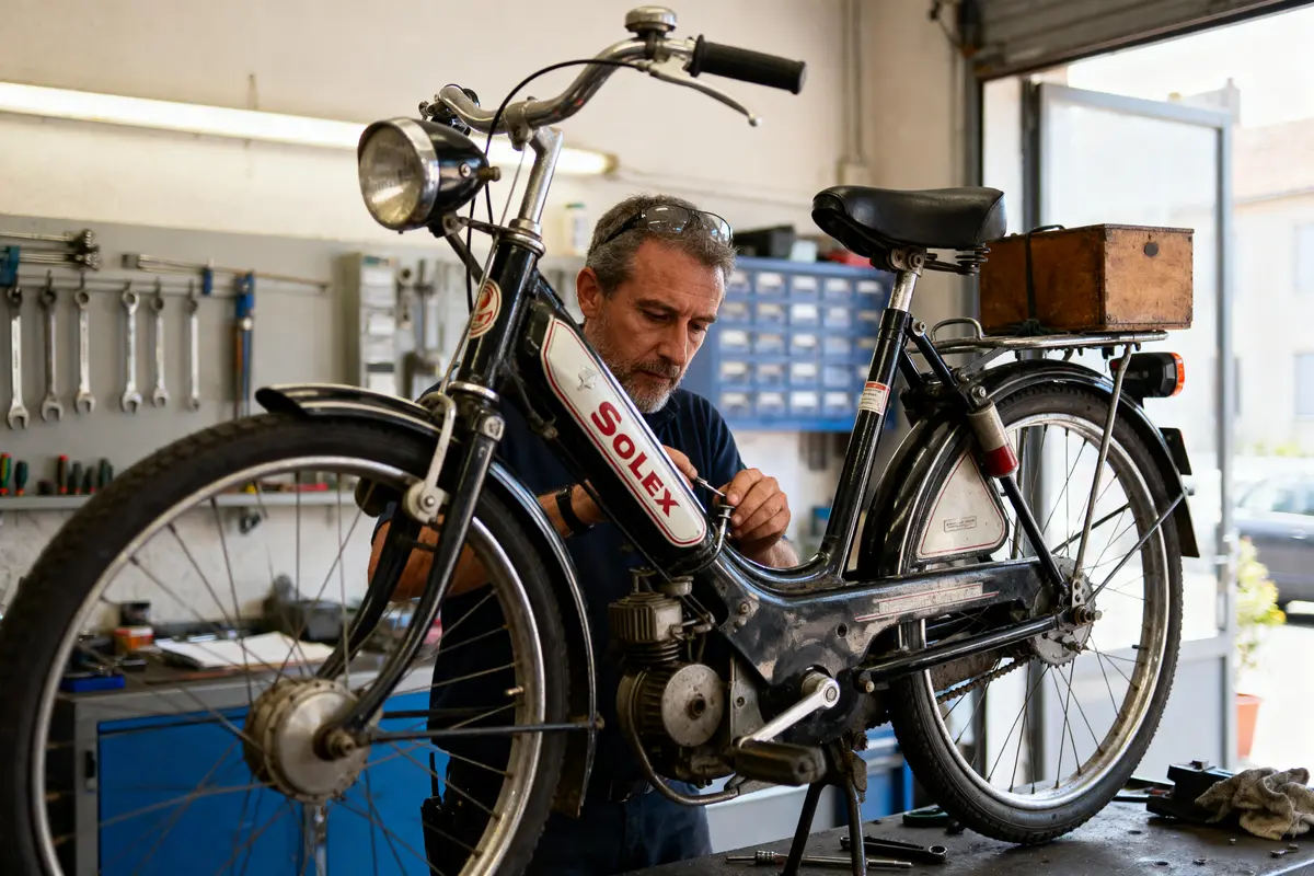 Un homme répare un Solex dans un atelier, avec des outils accrochés au mur.