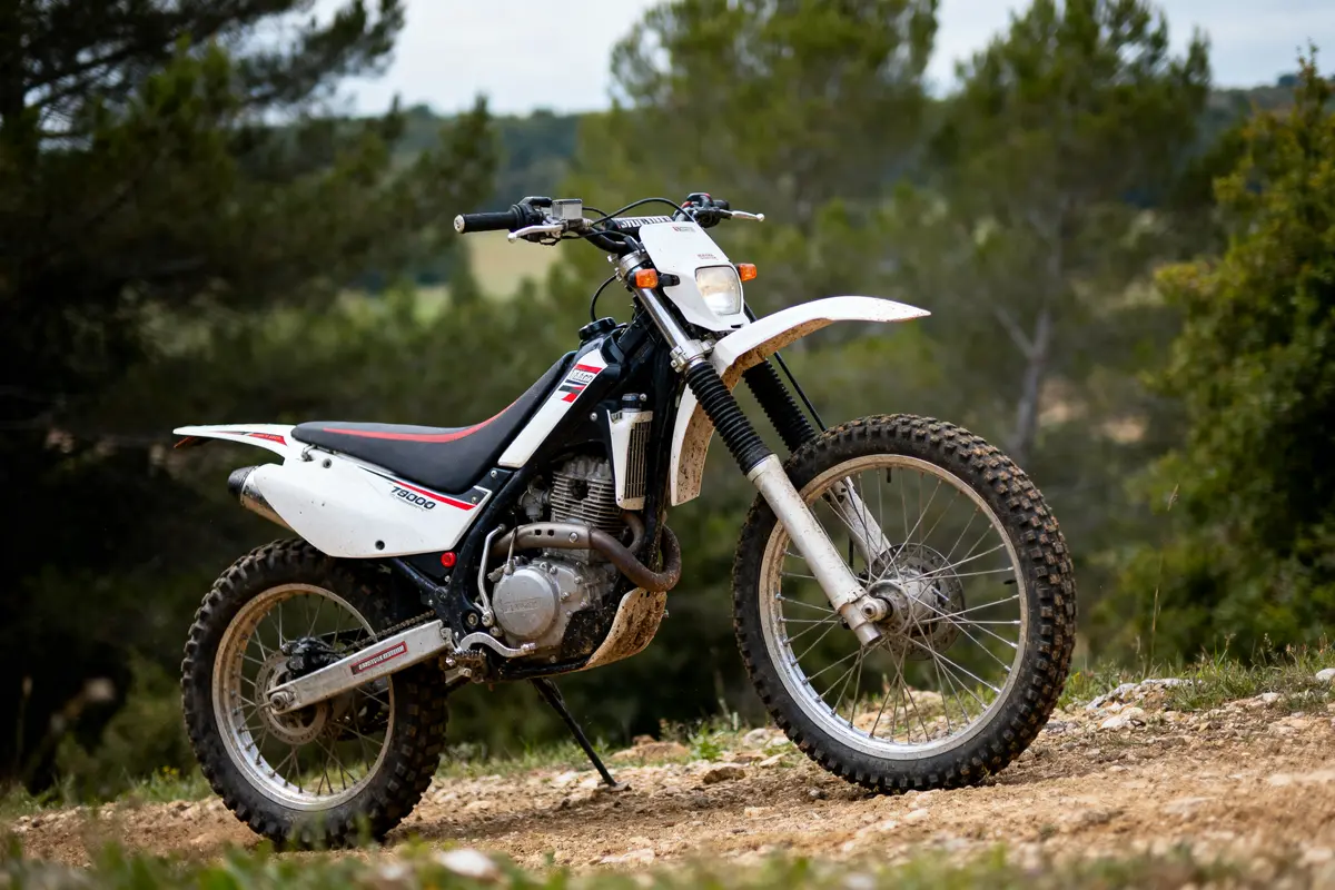 Moto tout-terrain blanche sur chemin de terre, entourée de végétation et d'arbres, ciel légèrement couvert.