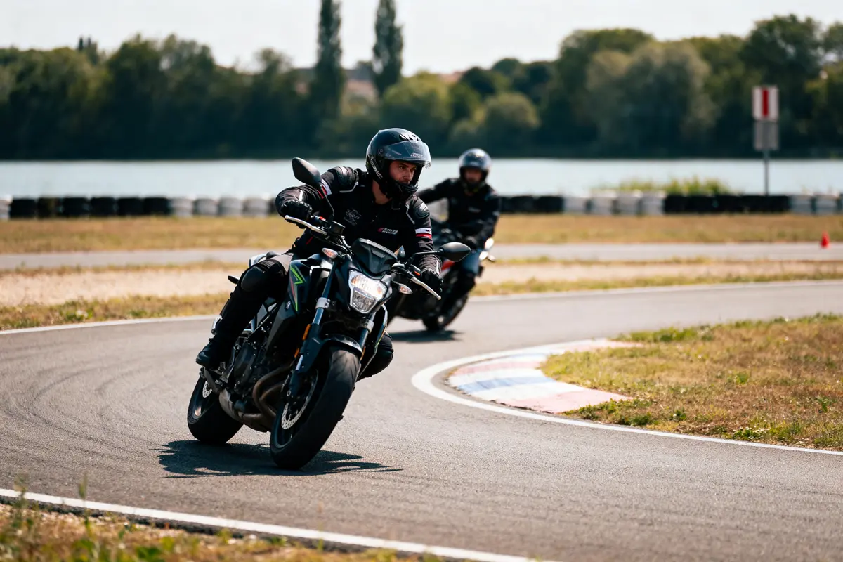 Deux motards en combinaison, casques noirs, prennent un virage sur circuit entouré de nature et pneus.