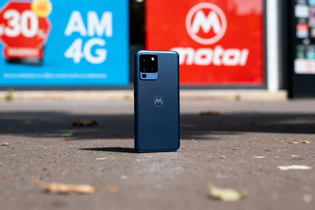 Smartphone Motorola bleu sur sol extérieur, devant affiches promotionnelles colorées, arrière-plan flou, journée ensoleillée.
