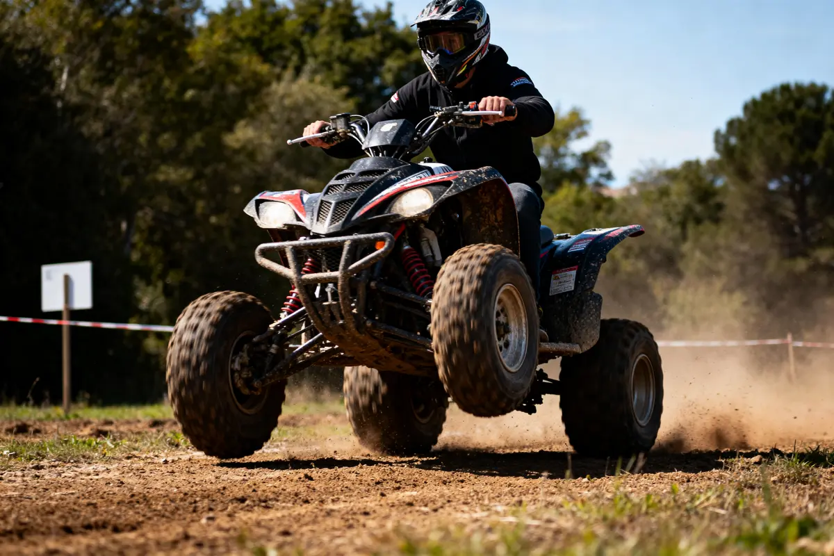 Personne conduisant un quad tout-terrain sur chemin de terre, soulevant poussière, portant casque et vêtements noirs.