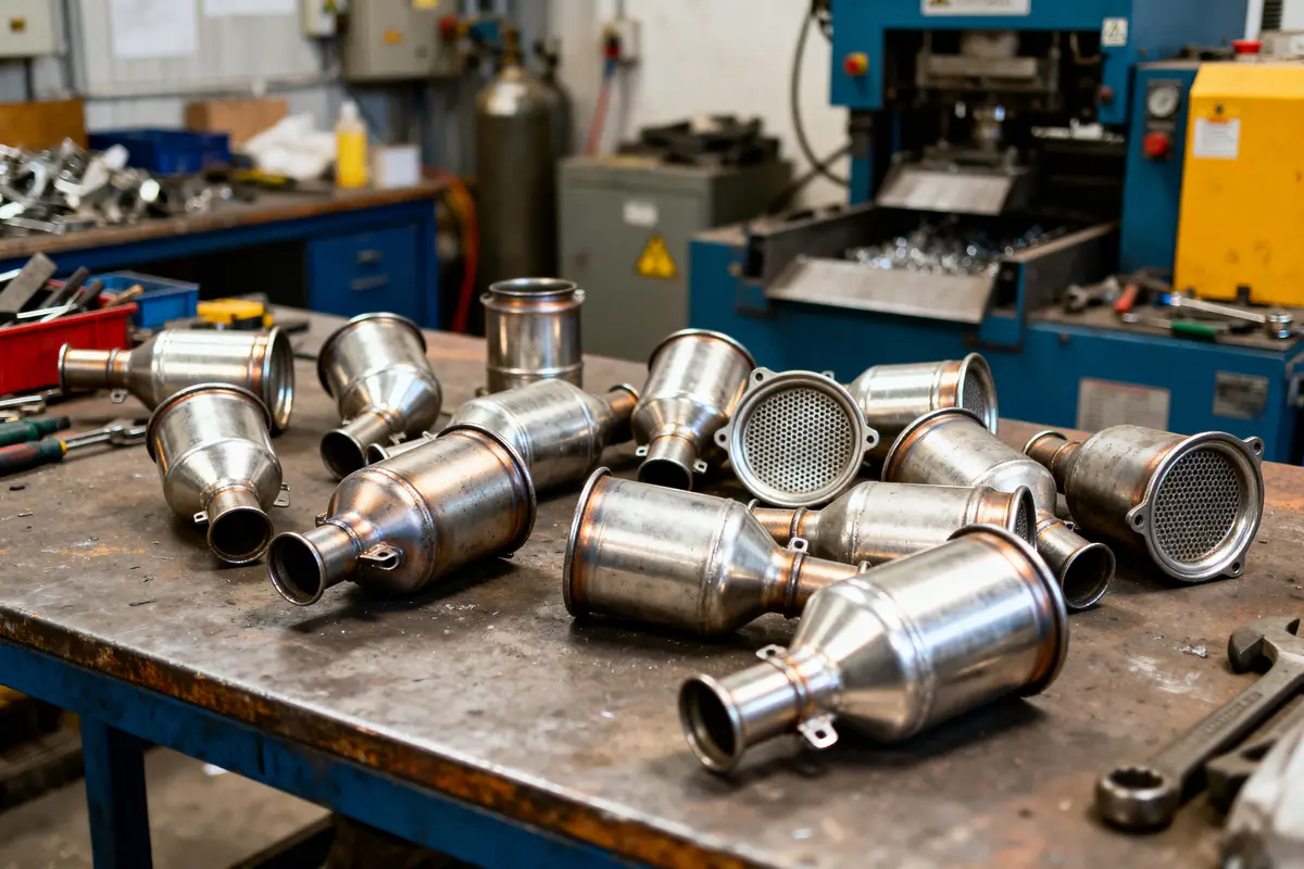 Catalyseurs métalliques sur une table d'atelier mécanique, environnements industriels avec outils et équipements en arrière-plan.