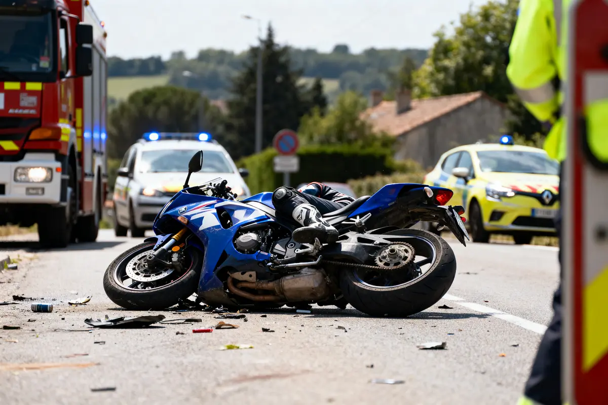 Moto bleue renversée sur route, avec véhicules d'urgence et débris autour. Scène d'accident impliquant secours.