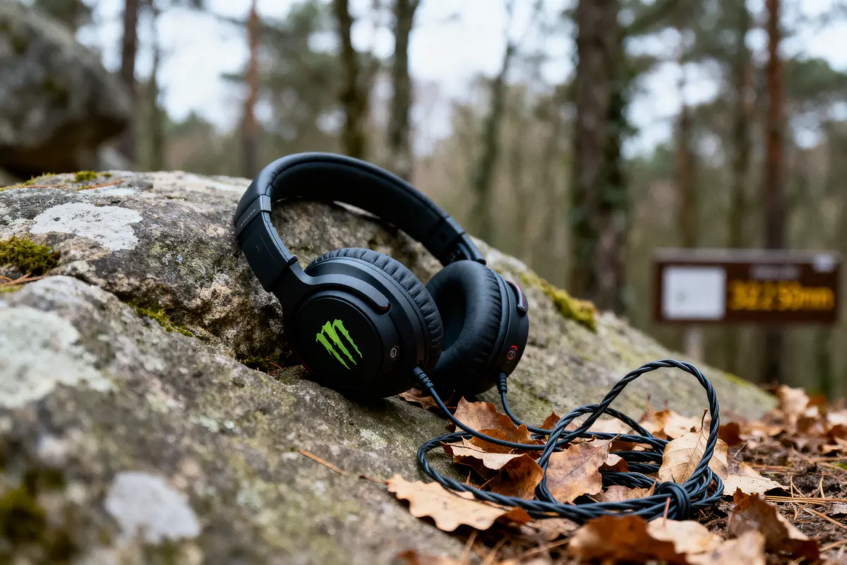 Casque audio noir sur rocher en forêt, feuilles mortes et panneau en arrière-plan flou.