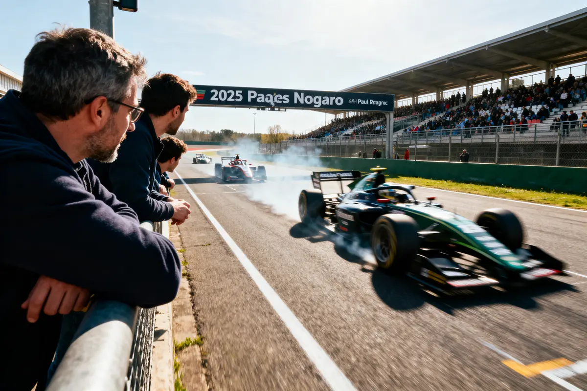 Course de voitures de Formule 1 à Nogaro, spectateurs regardant, fumée sur la piste, tribunes bondées.