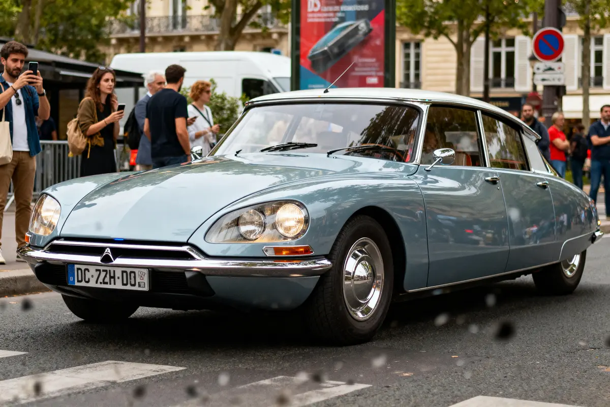 Voiture classique Citroën DS bleue sur la route en ville avec des passants observant.