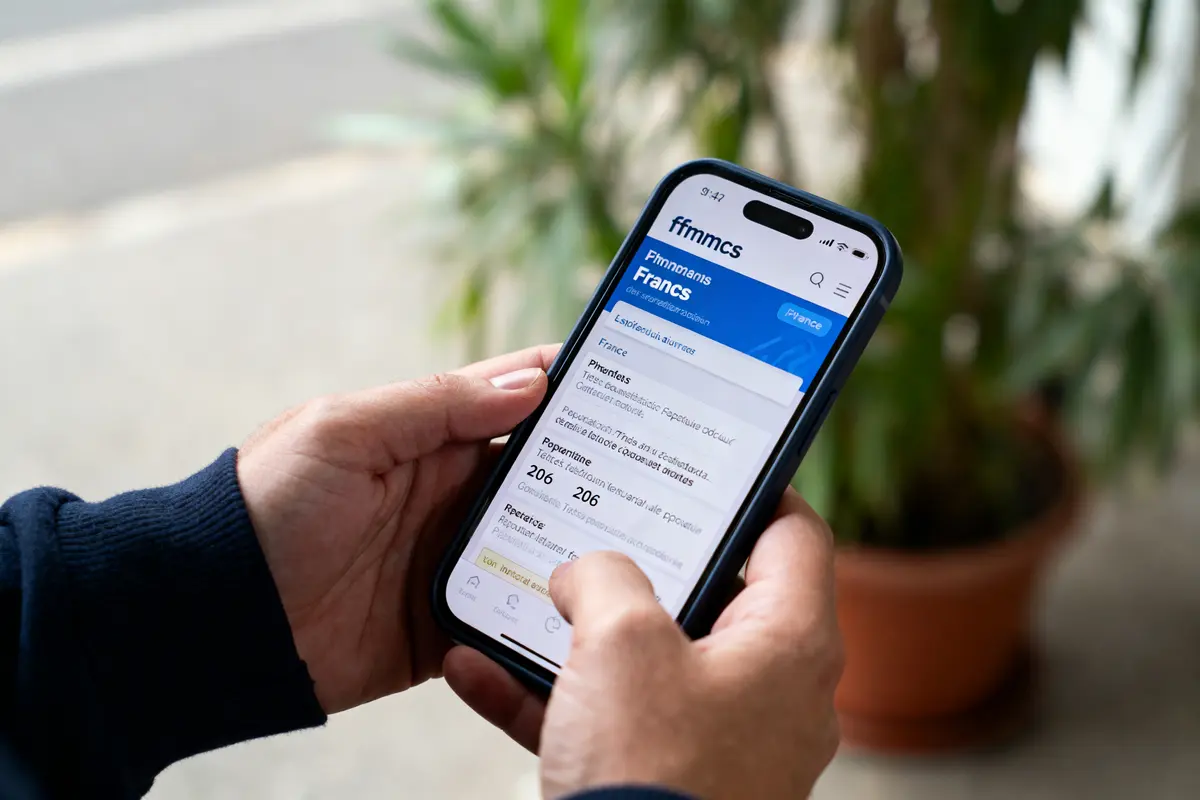Personne utilisant un smartphone pour consulter le site web Fffmcs sur les Français, plante en arrière-plan.