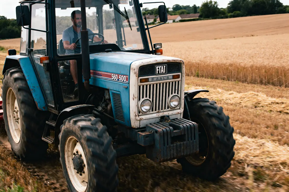 Tracteur bleu Fiat 560 500 dans un champ de blé, conduit par un homme.