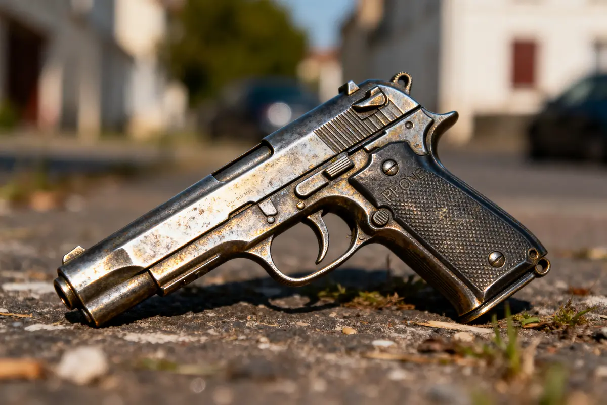 Pistolet usé en métal, posé au sol, flou urbain en arrière-plan.