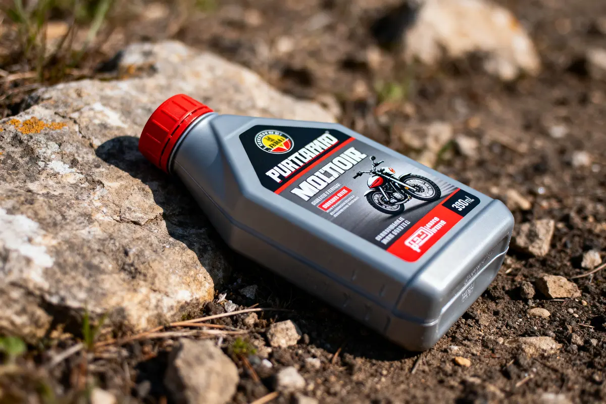 Bouteille d'huile de moto sur sol rocheux, étiquette montrant une moto classique, bouchon rouge.