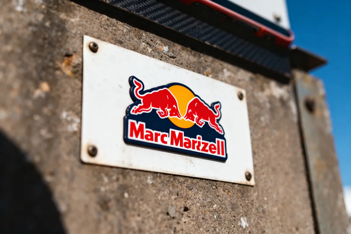 Plaque sur mur, logo de deux taureaux rouges, texte "Marc Marizell", fond en béton.