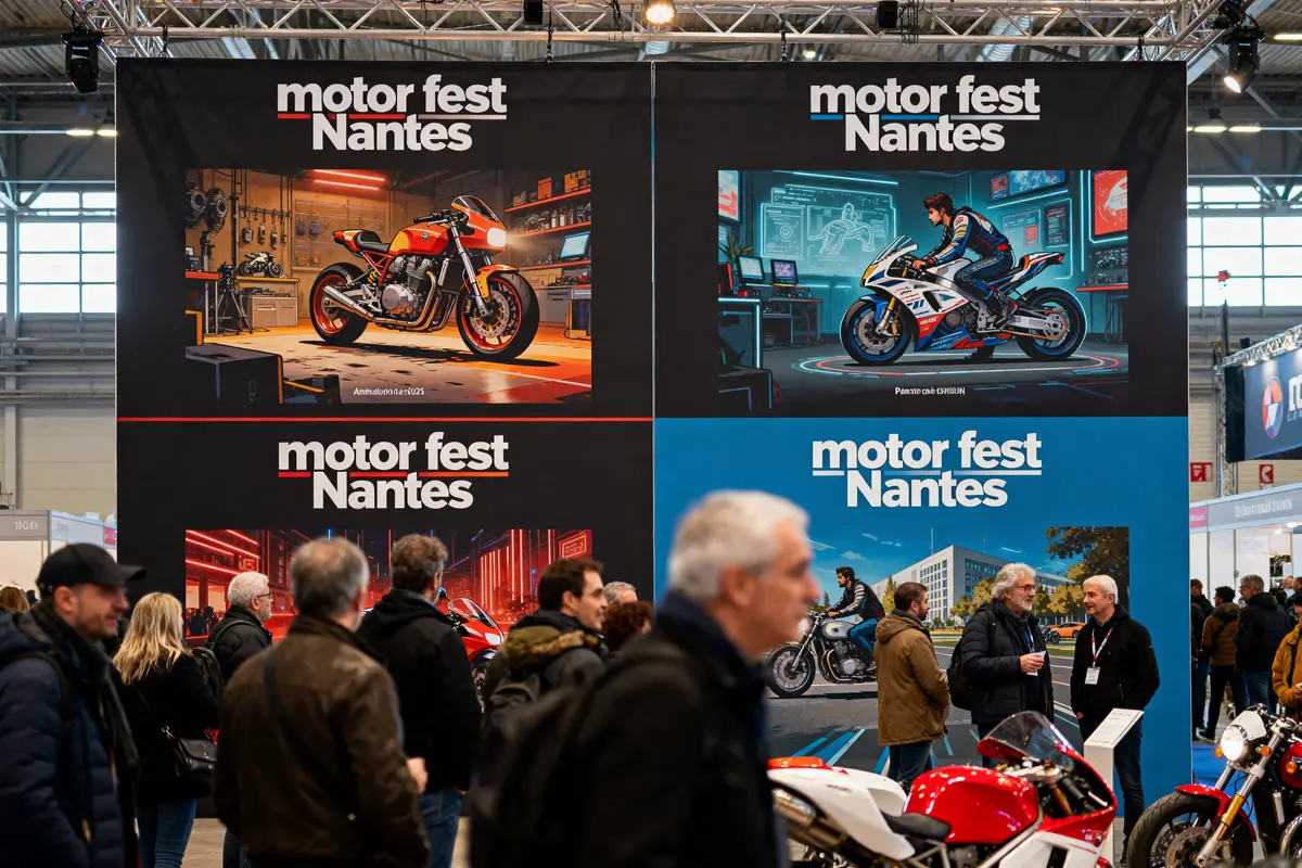 Des affiches "motor fest Nantes" et une foule lors d'un salon de la moto, intérieur bien éclairé.