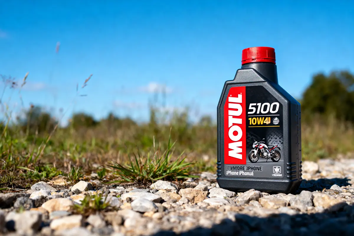 Bidon d'huile Motul 5100 10W40 sur chemin caillouteux, herbe et ciel bleu en arrière-plan.