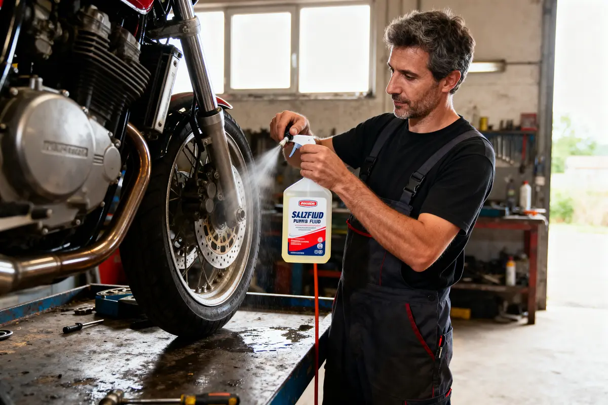 Un homme nettoie une roue de moto dans un garage avec un produit nettoyant.