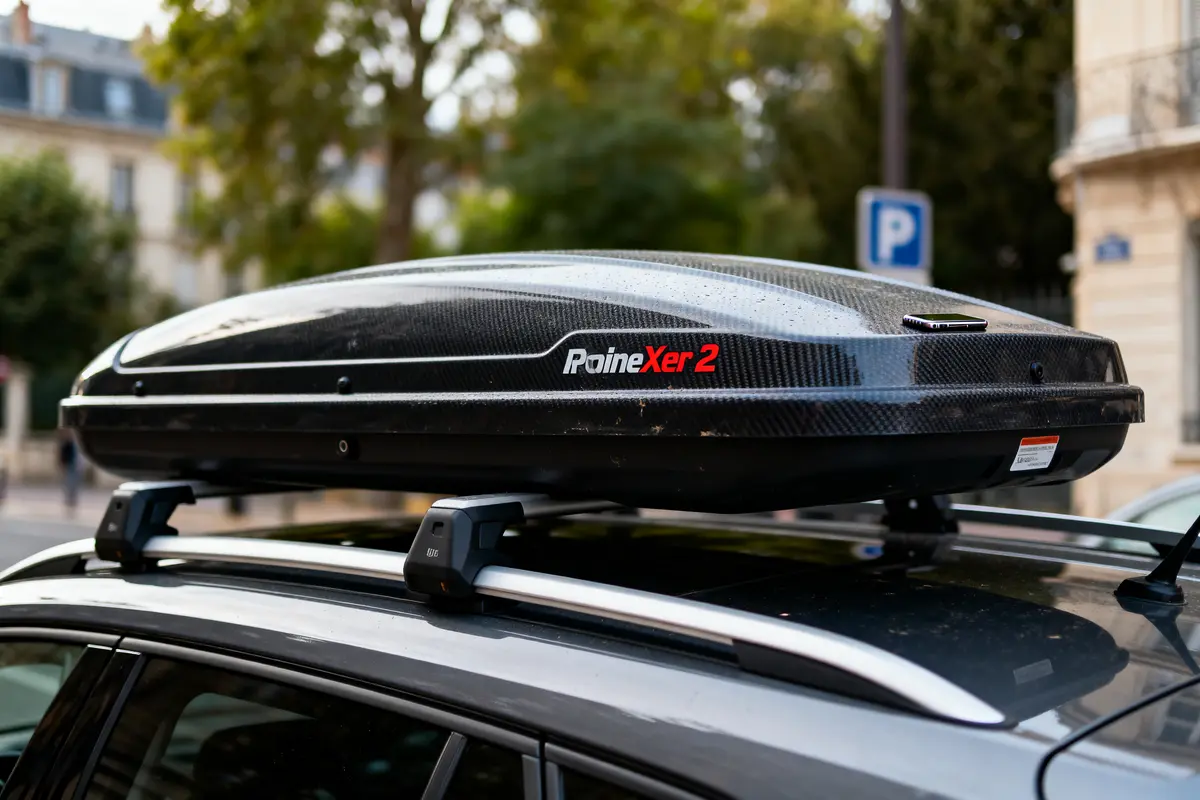 Coffre de toit noir Poine Xer 2 sur voiture, arrière-plan flou d'arbres et bâtiments.