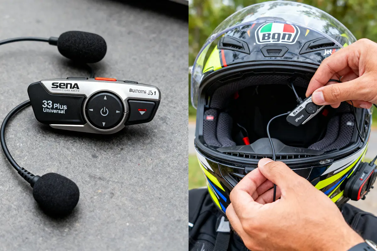 Intercom Bluetooth Sena 33 Plus avec microphone, affiché à côté d'un casque de moto noir et jaunes.