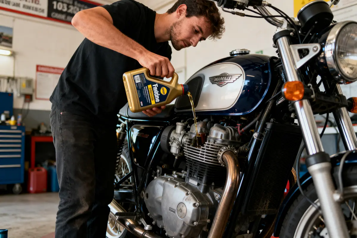 Homme versant de l'huile moteur dans une moto dans un atelier mécanique.