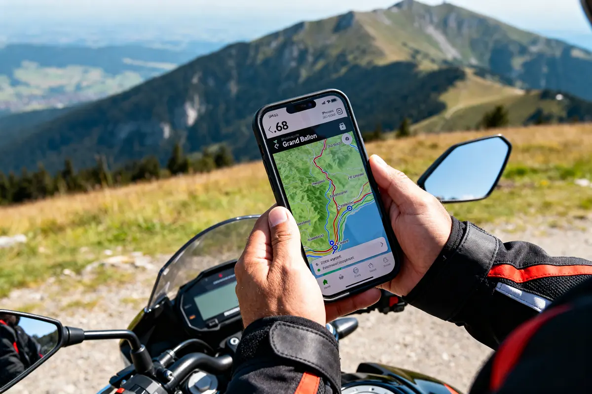 Motard consultant carte Grand Ballon sur smartphone .68 devant décor montagneux
