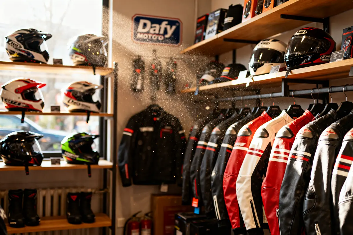Casques et vestes de moto en exposition chez Dafy Moto dans un magasin lumineux