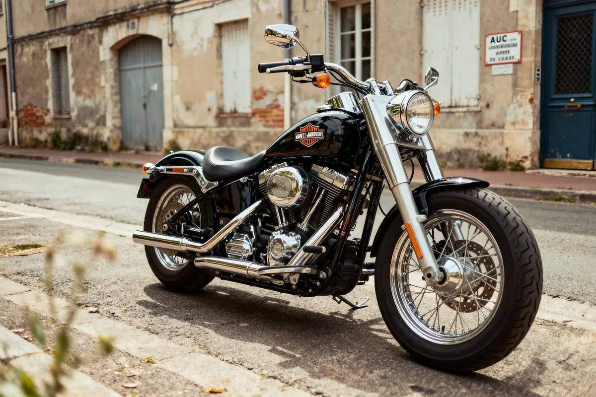 Moto Harley-Davidson Softail noire garée devant bâtiment en ville, style vintage élégant