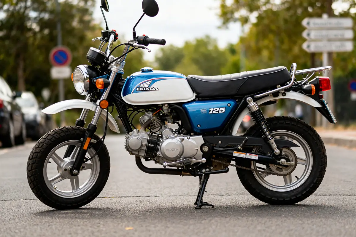 Moto rétro Honda Dax 125 bleue stationnée dans la rue en été