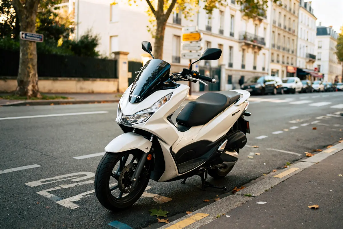 Scooter Honda SH 125 blanc garé sur rue urbaine, environnement urbain calme et arboré
