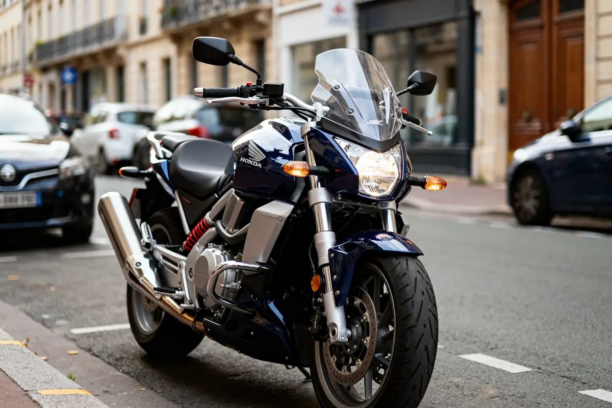 Moto Honda dn 01 garée sur une rue avec autres véhicules en arrière-plan