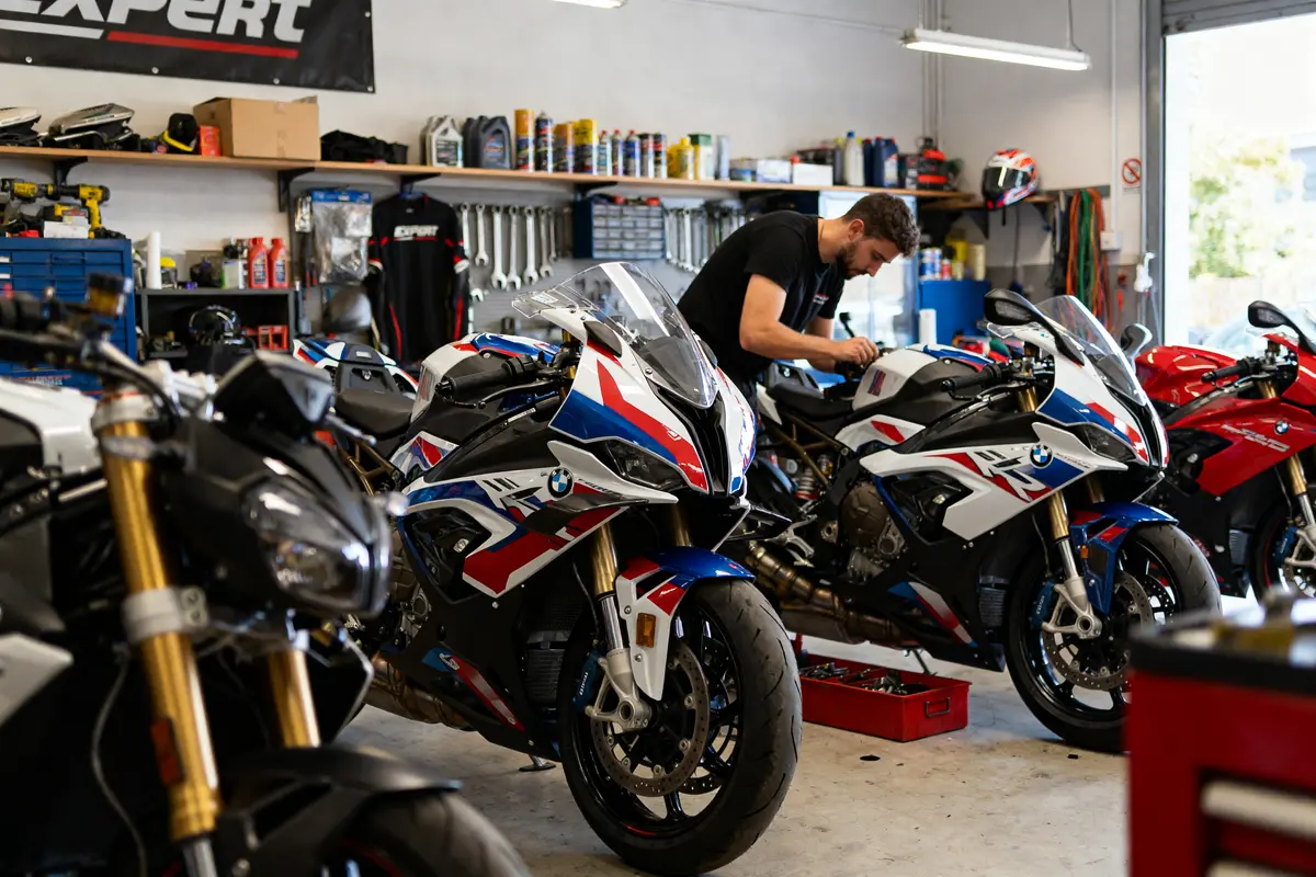 Mécanicien travaillant sur des motos BMW dans l'atelier Moto Expert Toulouse