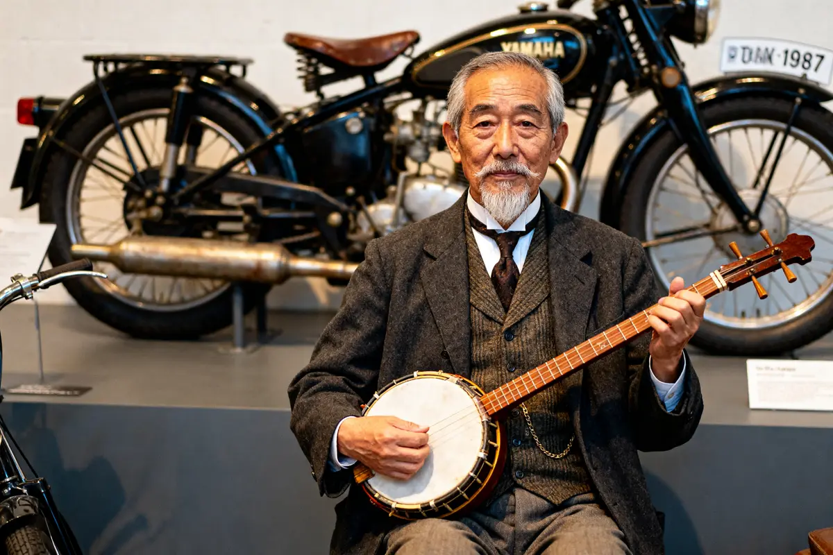 Homme jouant du banjo devant une moto Yamaha origine ancienne en exposition musée
