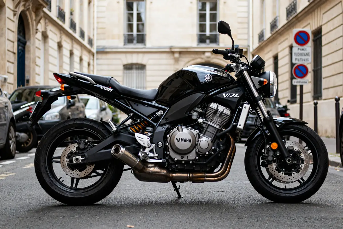 Moto Yamaha vmax 1200 noire garée dans une rue de ville européenne élégante
