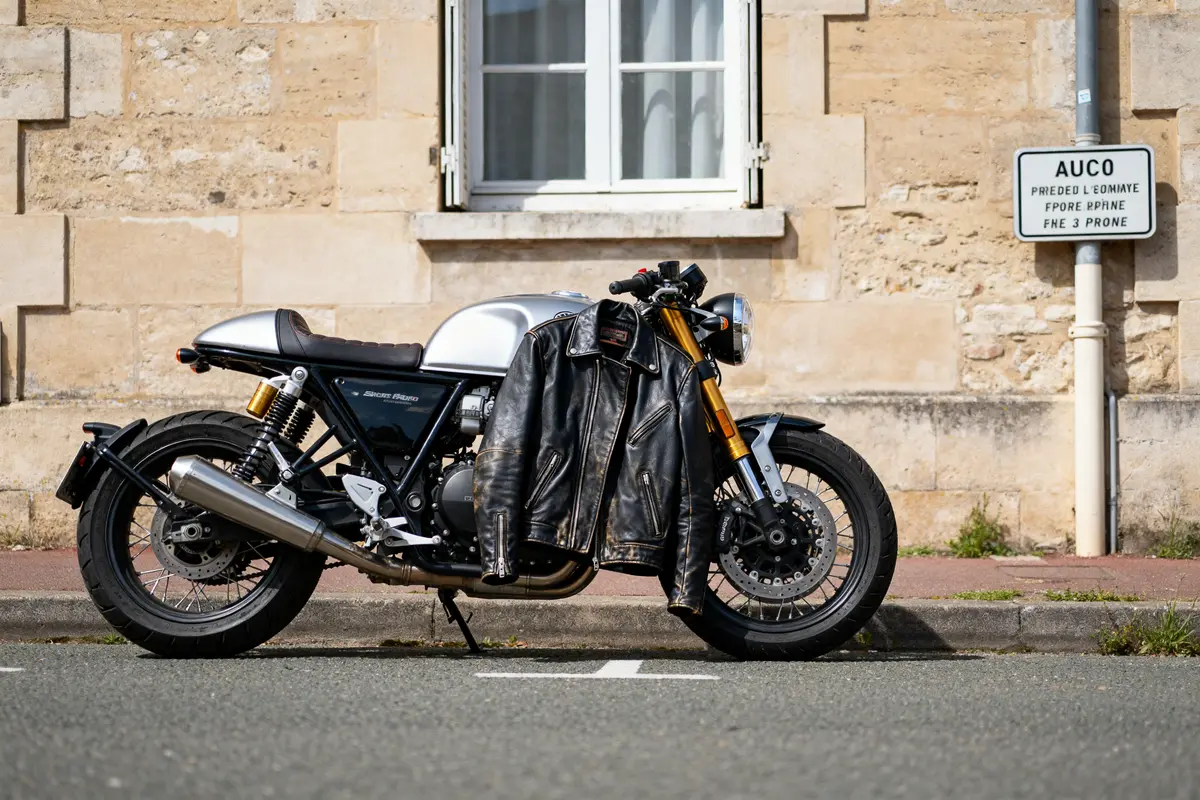 Moto stationnée avec blouson de moto homme suspendu au guidon devant un mur beige