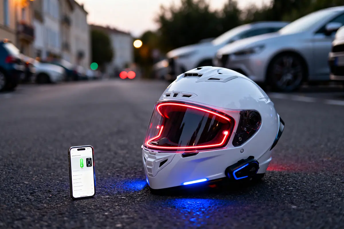 Casco moto LED blanc connecté à un smartphone dans une rue urbaine