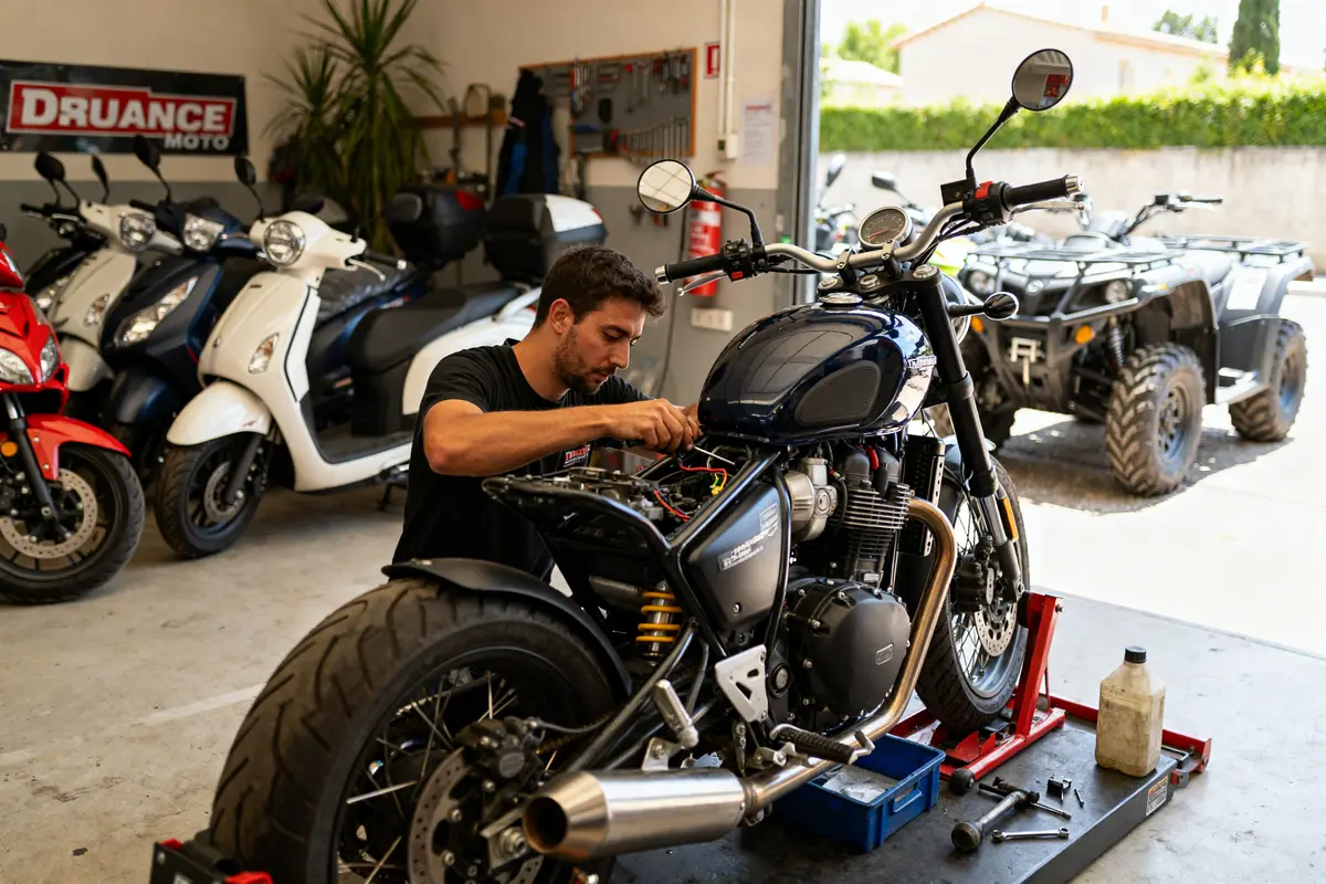 Mécanicien réparant une moto dans l'atelier Durance Moto avec scooters et quad visibles
