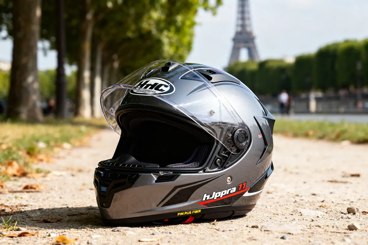 Casque hjc rpha 11 devant la Tour Eiffel sur un chemin arboré