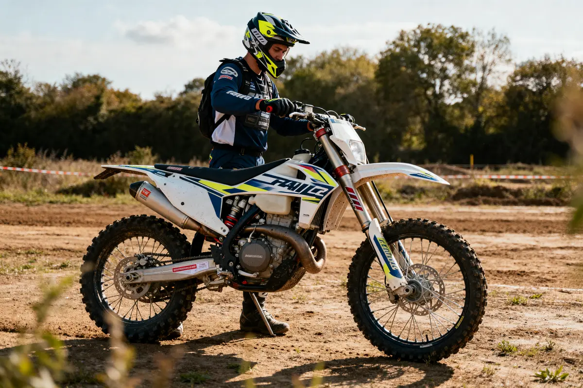 Motard prêt à démarrer sa homologue moto cross sur piste terreuse ensoleillée