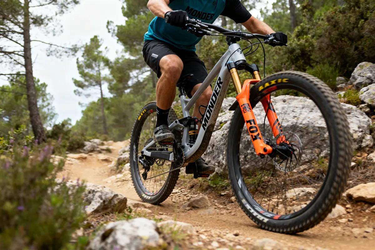 VTTiste sur sentier rocheux en forêt avec un Mondraker Foxy robuste et performant
