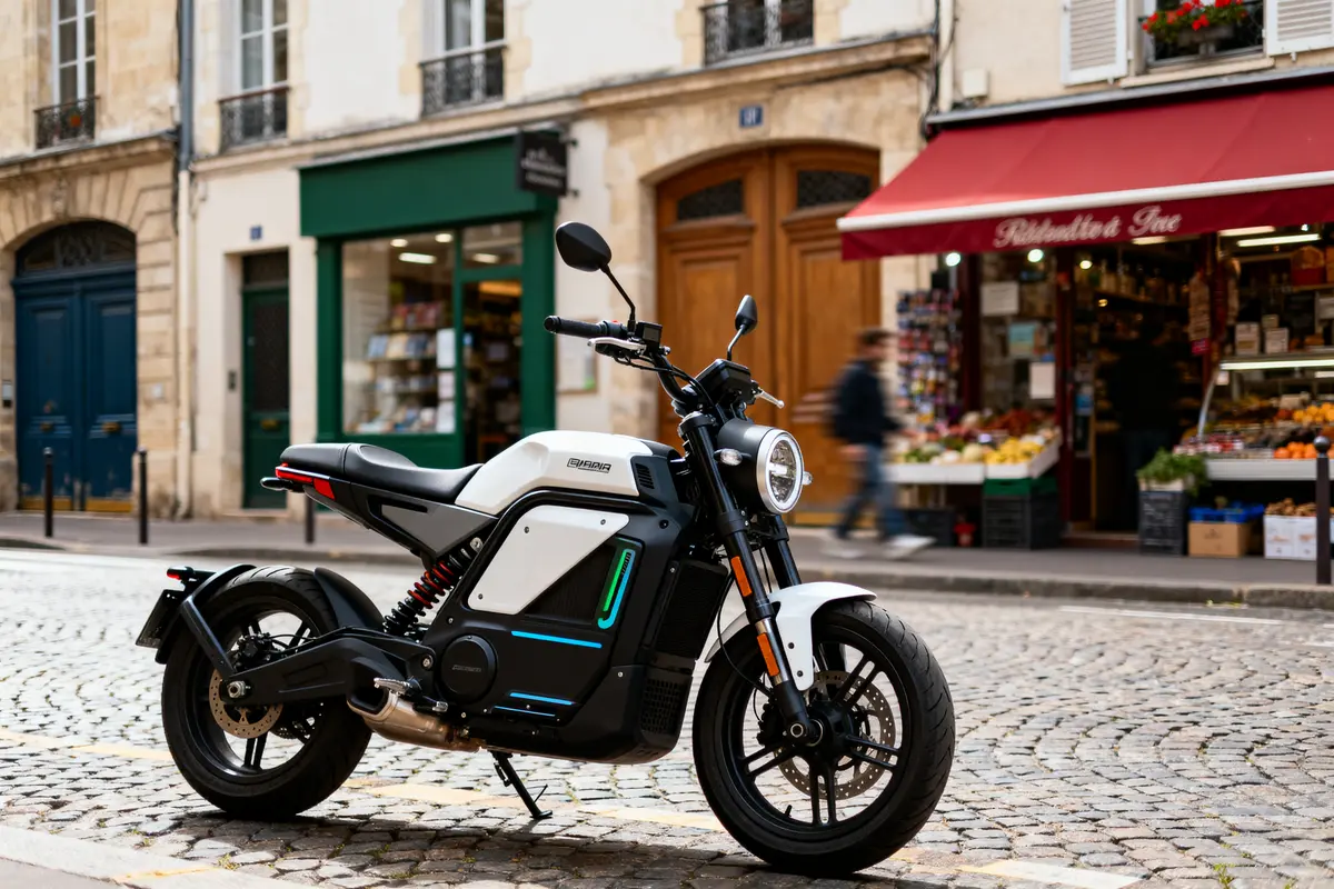 Moto adulte électrique stationnée devant épicerie sur rue pavée en ville européenne