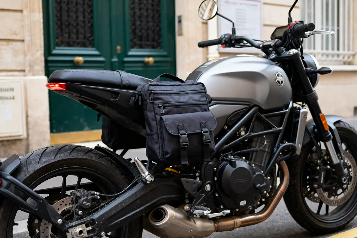 Moto grise avec moto sac de selle noir en milieu urbain