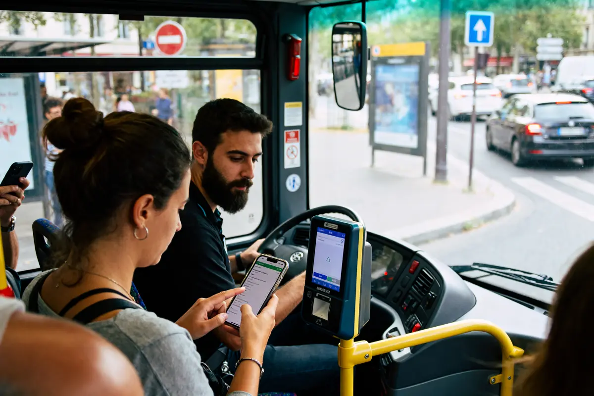 Personne utilisant un smartphone dans un bus pour une expérience plus liberty et connectée