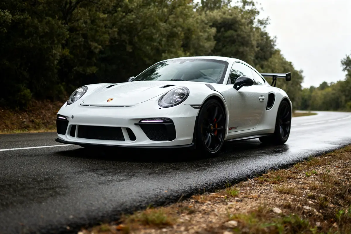 Porsche GT4 RS blanche garée sur route humide entourée d'arbres