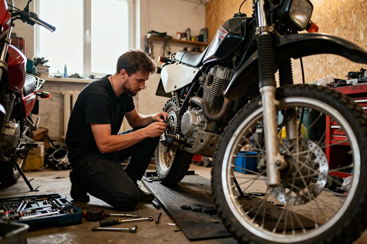 Un homme effectue la purge frein moto dans un atelier avec outils à proximité