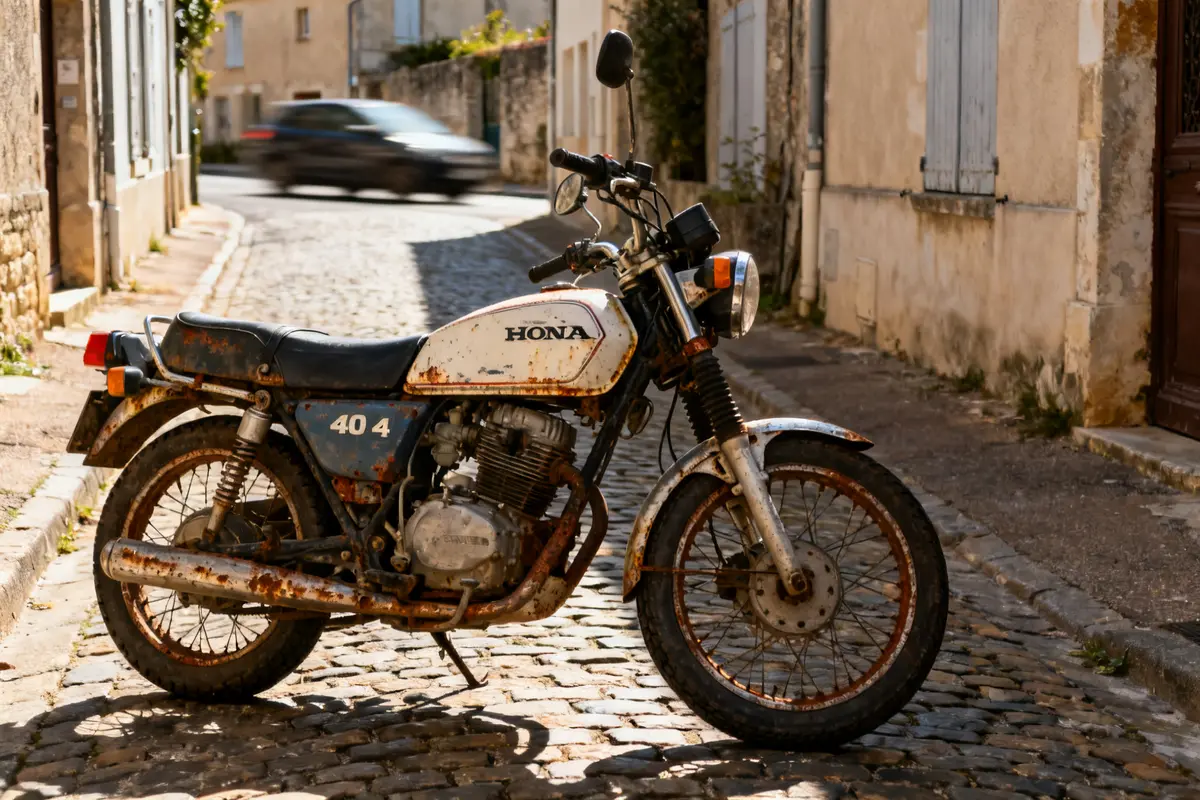 Vieille moto rouillée modèle 400 4 Honda stationnée dans une rue pavée ancienne