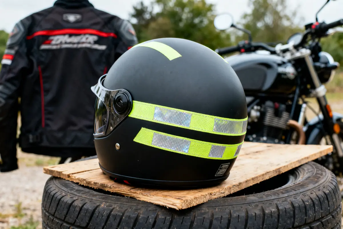 Casque moto avec bande réfléchissante jaune sur table en bois devant une moto noire