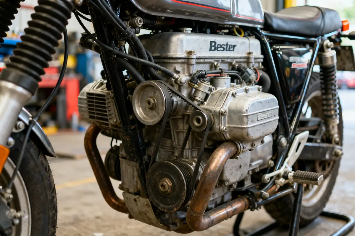 Moteur de moto vintage Bester avec tuyaux et courroies apparents, bester motor intégré