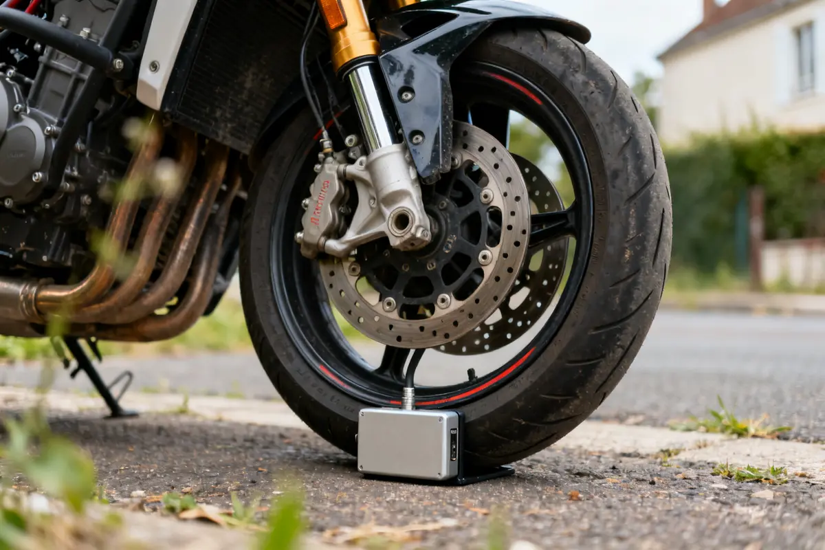 Roue de moto avec bloc disque antivol sur sol urbain